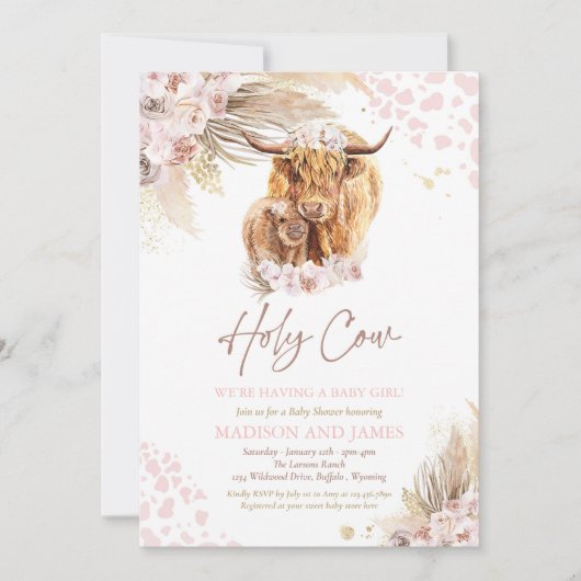 Boho Heilige Koe Roze Pampas Grass Girl Baby showe Kaart (Voorkant)