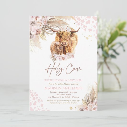 Boho Heilige Koe Roze Pampas Grass Girl Baby showe Kaart (Staand voorkant)