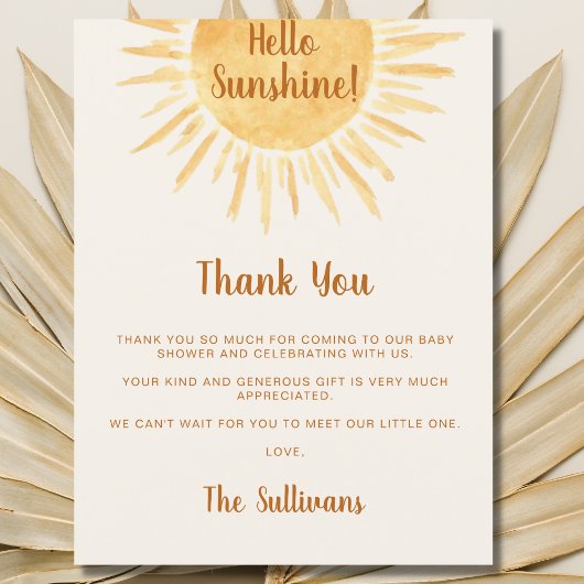 Boho Hello Sunshine Baby Shower Dankjewel Briefkaart