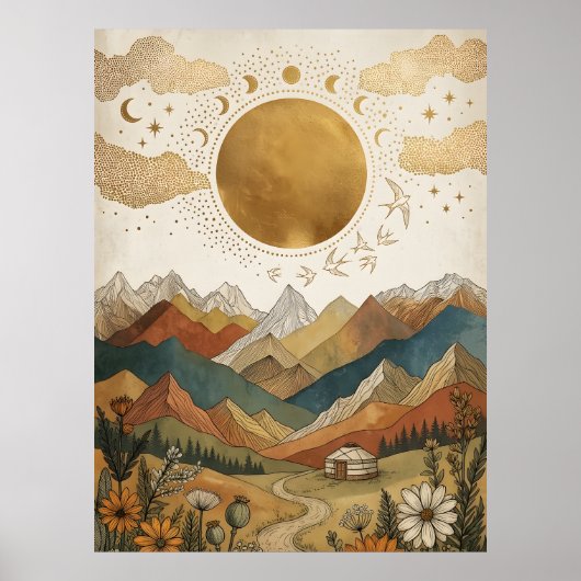 Boho Hemel Maangestalte Berg Yurt Poster (Voorkant)