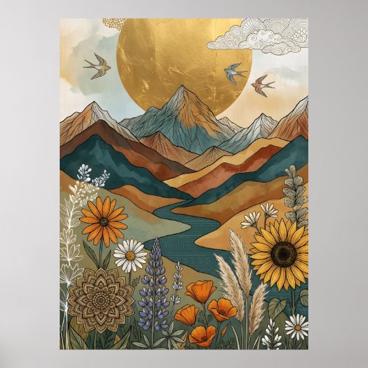 Boho Hemel Mandala Rivier Berg Zon Poster (Voorkant)
