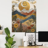 Boho Hemel Zon Maan Gezicht Berg Vogels Poster (Thuiskantoor)