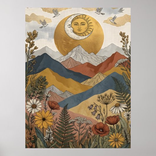 Boho Hemel Zon Maan Gezicht Berg Vogels Poster (Voorkant)