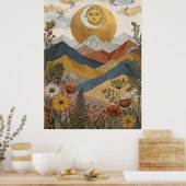 Boho Hemel Zon Maan Gezicht Berg Vogels Poster (Keuken)