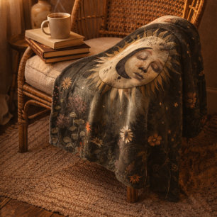Boho Hemel Zon Maan Tuin met Wilde Bloemen Fleece Deken