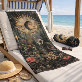 Boho Hemel Zon Maan Tuin met Wilde Bloemen Strandlaken
