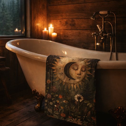 Boho Hemel Zon Maan Wilde Bloementuin Bad Handdoek