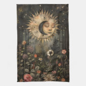 Boho Hemel Zon Maan Wilde Bloementuin Theedoek (Verticaal)
