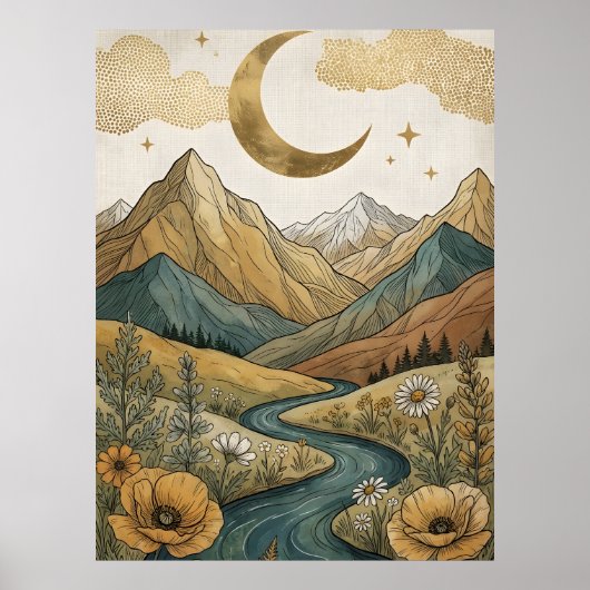 Boho Hemelboog Maan Berg Rivier Poster (Voorkant)