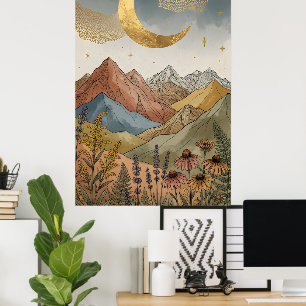 Boho Hemelgoud Halve Maan Berg Poster