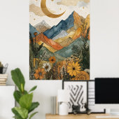Boho Hemelgoud Maan Berg Wilde Bloem Poster (Thuiskantoor)