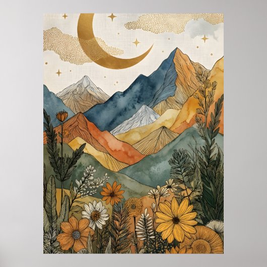 Boho Hemelgoud Maan Berg Wilde Bloem Poster (Voorkant)