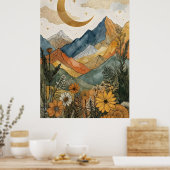 Boho Hemelgoud Maan Berg Wilde Bloem Poster (Keuken)