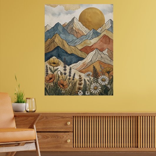 Boho Hemels Berg Wilde Bloem Zon Poster (Woonkamer 2)