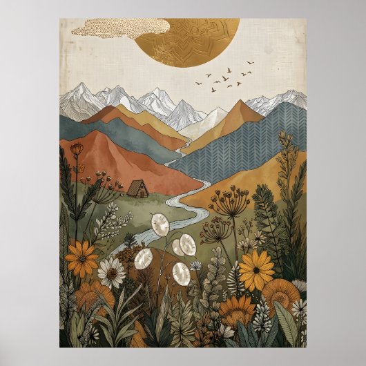 Boho Hemels Berghuis met A-frame hut Rivier Poster (Voorkant)