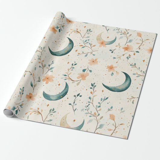 Boho Hemels Bloem Maangepatroon (1) Cadeaupapier (Uitgerold)