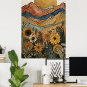 Boho Hemels Gouden Zon Berg Zonnebloem Poster (Thuiskantoor)