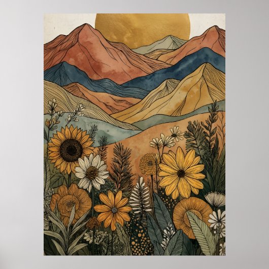 Boho Hemels Gouden Zon Berg Zonnebloem Poster (Voorkant)