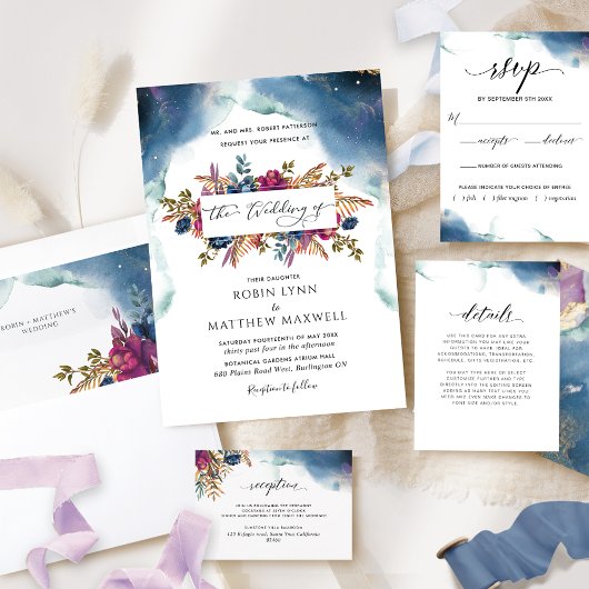 Boho hemelsblauw, Blauwgroen en Paarse bloemenbrui Kaart