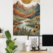 Boho Hemelse Berg Gouden Rivier Zonnebloem Poster (Thuiskantoor)