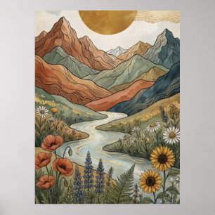 Boho Hemelse Berg Gouden Rivier Zonnebloem Poster