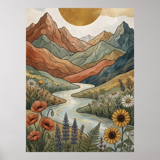 Boho Hemelse Berg Gouden Rivier Zonnebloem Poster (Voorkant)