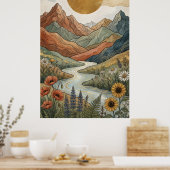 Boho Hemelse Berg Gouden Rivier Zonnebloem Poster (Keuken)