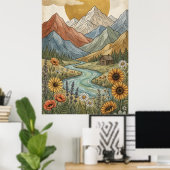 Boho Hemelse Berghut Rivier Zonnebloem Poster (Thuiskantoor)