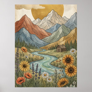 Boho Hemelse Berghut Rivier Zonnebloem Poster