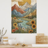 Boho Hemelse Berghut Rivier Zonnebloem Poster (Keuken)