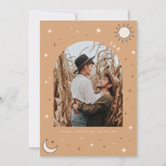 Boho hemelse maan en zon mystieke foto bruiloft save the date (Achterkant)