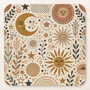 Boho hemelse zon en maan patroon kartonnen onderzetters