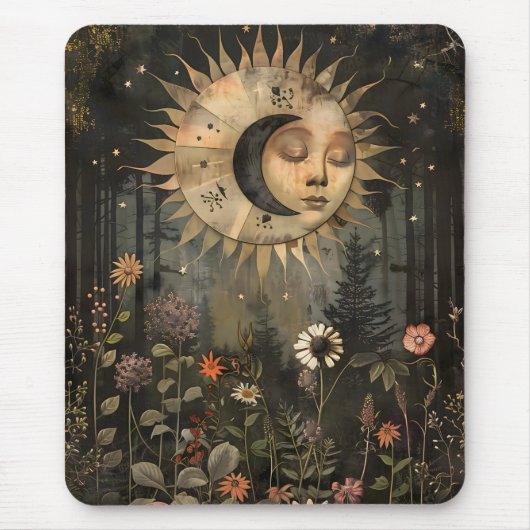 Boho Hemelse Zon Maan Wilde Bloementuin Muismat (Voorkant)