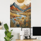 Boho Hemelse Zonnebundel Berg Rivier Lupine Poster (Thuiskantoor)