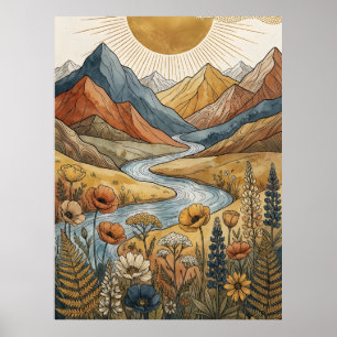 Boho Hemelse Zonnebundel Berg Rivier Lupine Poster