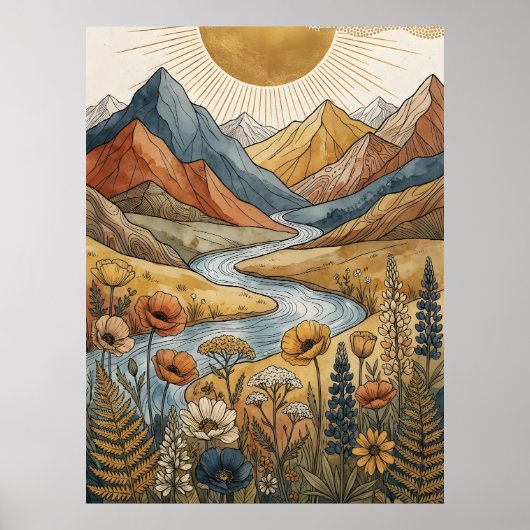 Boho Hemelse Zonnebundel Berg Rivier Lupine Poster (Voorkant)