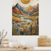 Boho Hemelse Zonnebundel Berg Rivier Lupine Poster (Keuken)