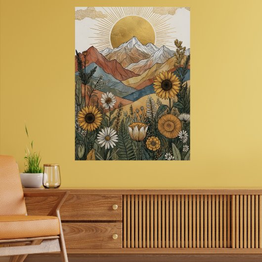 Boho Hemelse Zonnebundel Berg Zonnebloem Poster (Woonkamer 2)