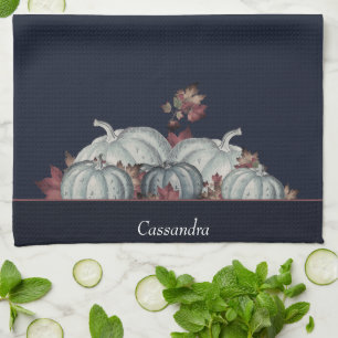 Boho Herfst Blauw Wit Waterverf Pompoen Herfst Theedoek