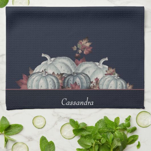 Boho Herfst Blauw Wit Waterverf Pompoen Herfst Theedoek (Gevouwen)