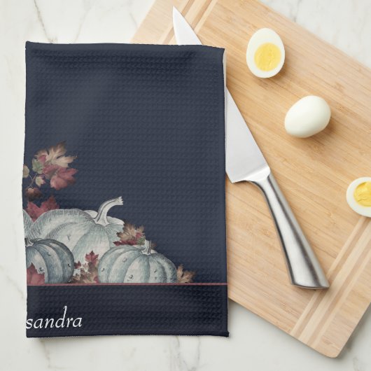 Boho Herfst Blauw Wit Waterverf Pompoen Herfst Theedoek (Quarter Fold)