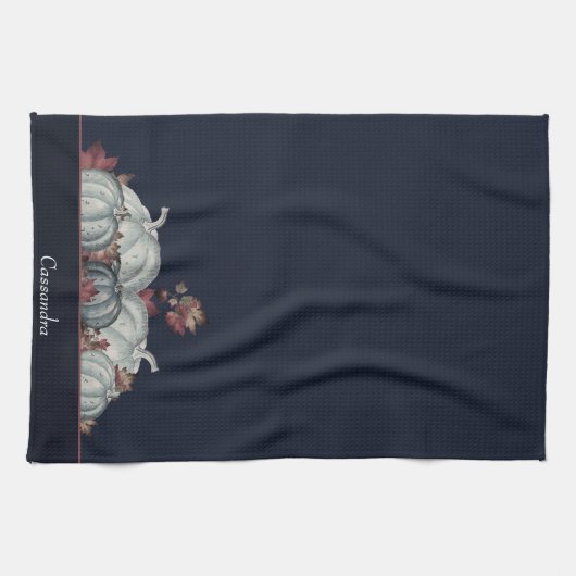 Boho Herfst Blauw Wit Waterverf Pompoen Herfst Theedoek (Horizontaal)