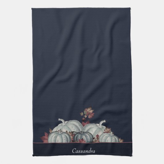 Boho Herfst Blauw Wit Waterverf Pompoen Herfst Theedoek (Verticaal)