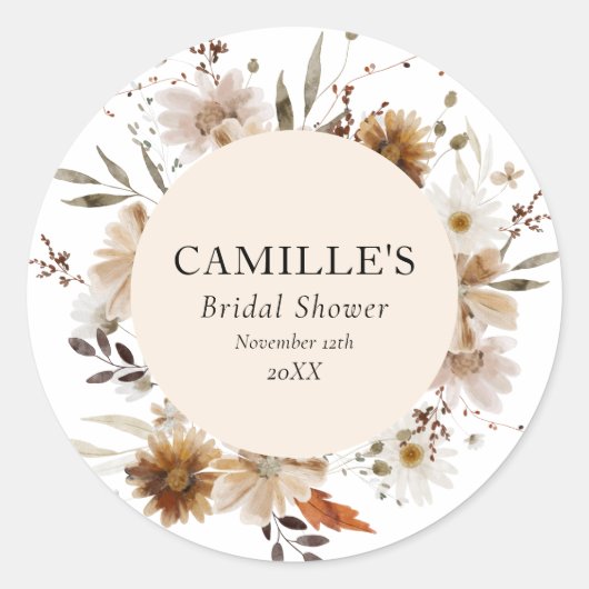 Boho-herfst-bloem bruiloft borrel ronde sticker (Voorkant)