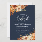 boho herfst bloem navyblauw thanksgiving diner kaart (Voorkant)
