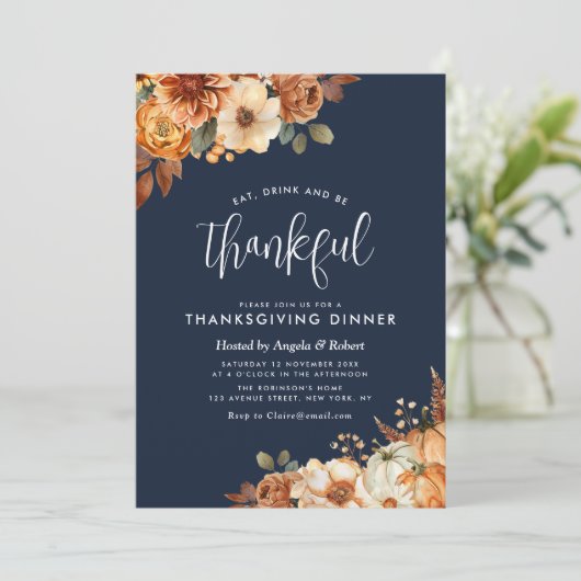 boho herfst bloem navyblauw thanksgiving diner kaart (Staand voorkant)