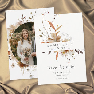 Boho-herfst bloem neutrale rustieke foto-huwelijk save the date