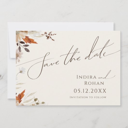 Boho Herfst Bloemen | Beige Horizontaal Save The Date (Voorkant)