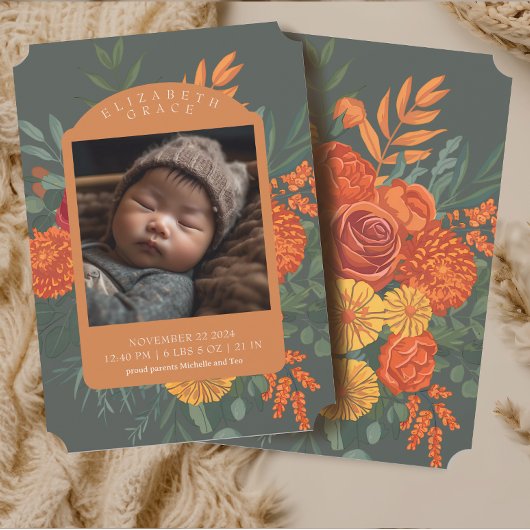 Boho Herfst Bloemen Grens Baby Geboorteaankondigin Kaart