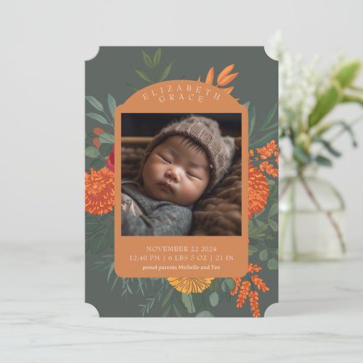 Boho Herfst Bloemen Grens Baby Geboorteaankondigin Kaart (Staand voorkant)